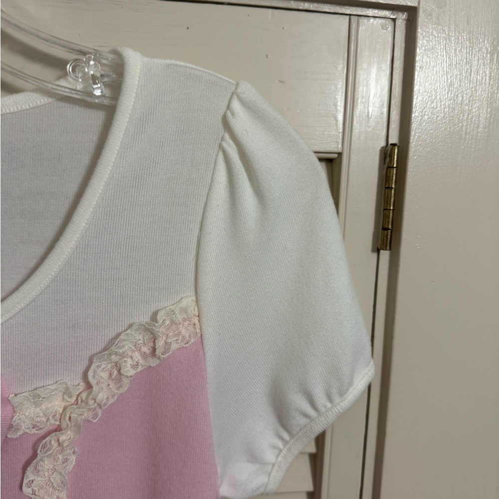 Ancoco pretty pink bow ruffle lace shirt sleeve top - Picture 2 of 8